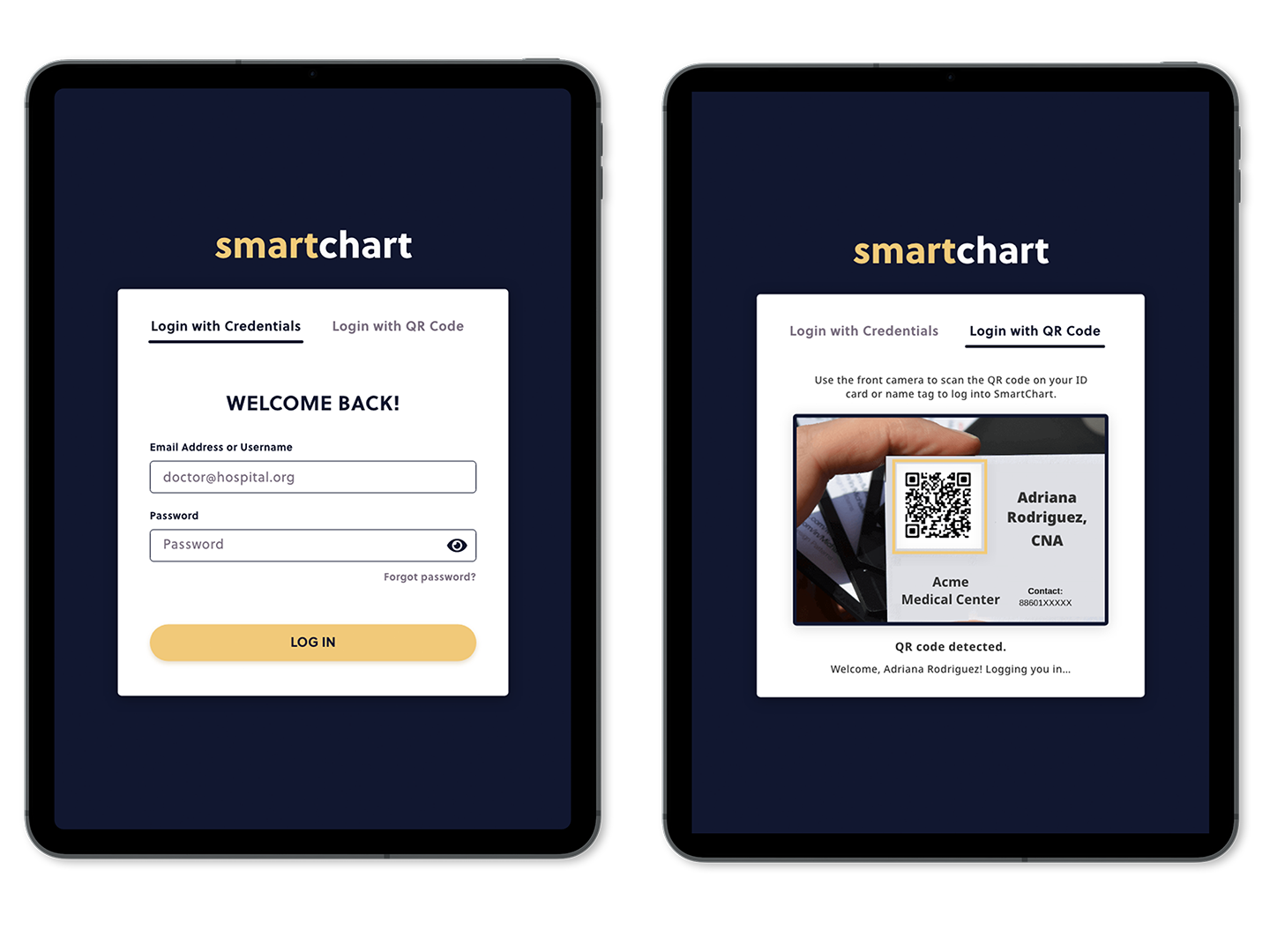 The tabbed login page that allows for authentication with a password or a QR code.